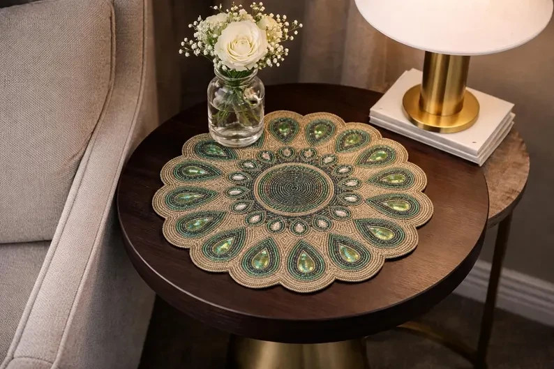 Beaded Placemats Round Peacock Design | Mandala Bead Placemat Set of 2