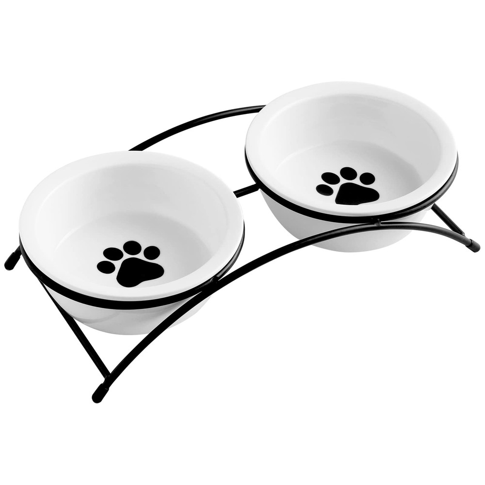 Ceramic Raised Pet Bowl Set with Metal Stand for Cats and Dogs