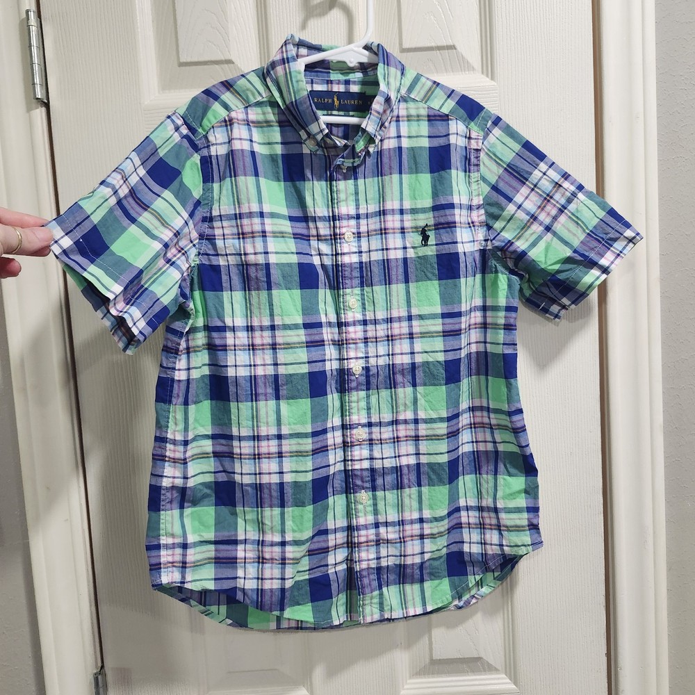 Ralph Lauren Boys M 10-12 Plaid Button Down Shirt Short Sleeve 100% Cotton