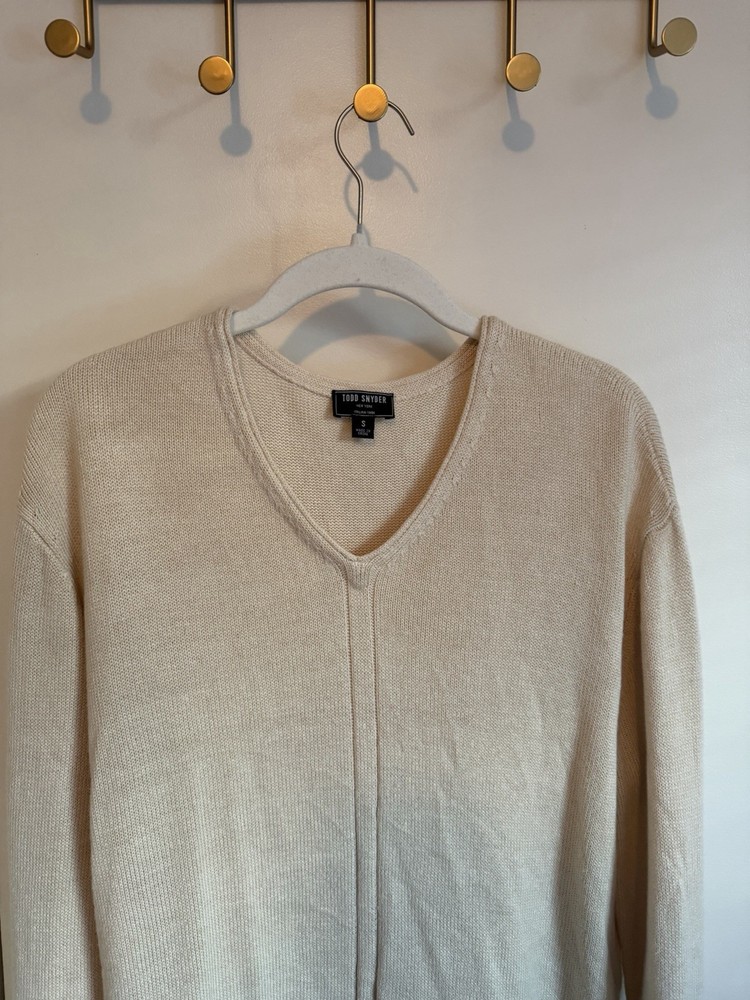 Men’s TODD SNYDER Small Linen Vneck Sweater Cream/Off White Sweater