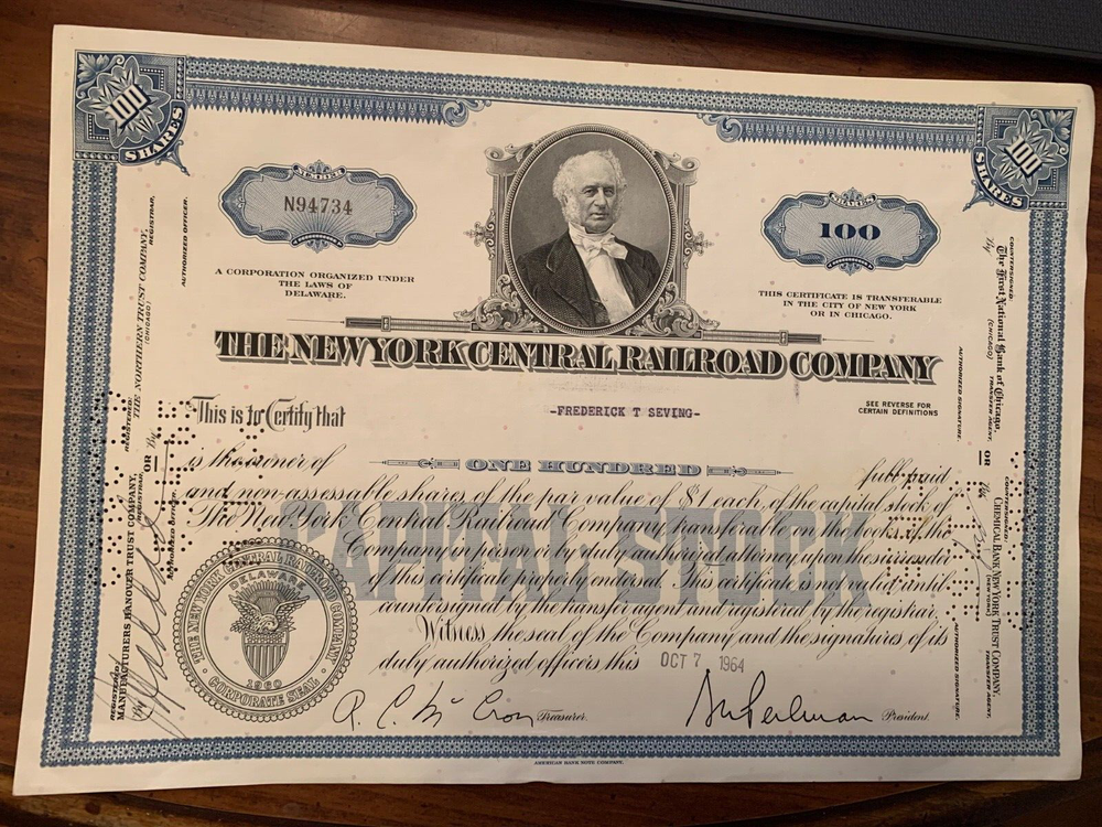 Vintage New York Central Railroad 100 Shares Stock Certificate Collectible