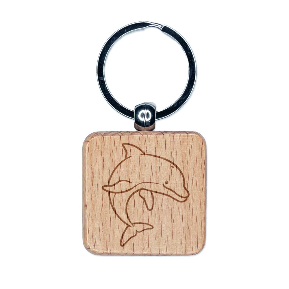 Friendly Bottlenose Dolphin Engraved Wood Square Keychain Tag Charm