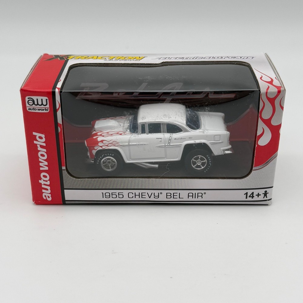 Auto World Xtraction Ultra-G 1955 Chevy Bel Air HO Slot Car New White Red Flames