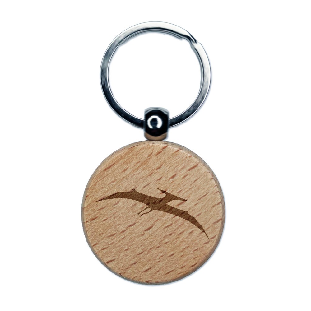 Pterodactyl Dinosaur Solid Engraved Wood Round Keychain Tag Charm