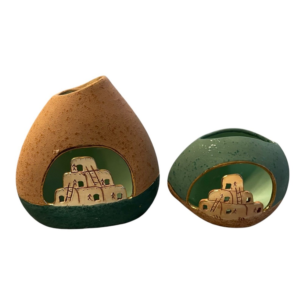 1990s Southwestern Blue Clay Pottery Vase with Gold Accents - Signed Village Scene