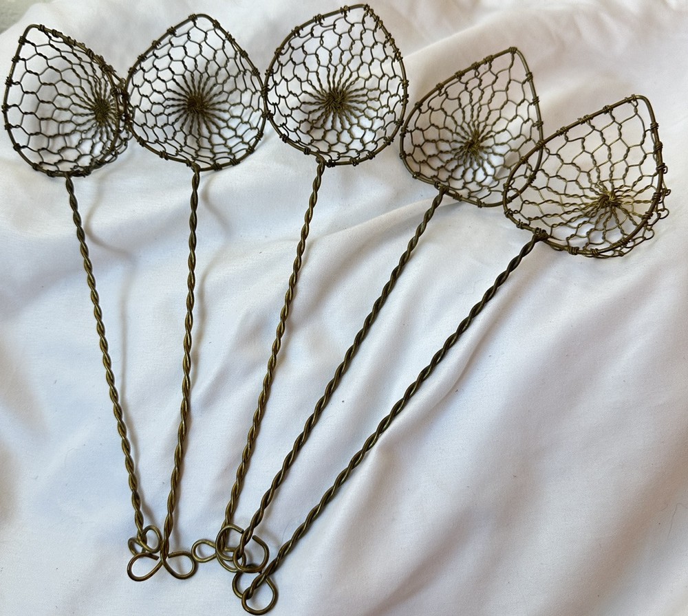 Set of 5 Twisted Brass Metal Mesh Basket Hot Pot Skimmers Egg Strainers