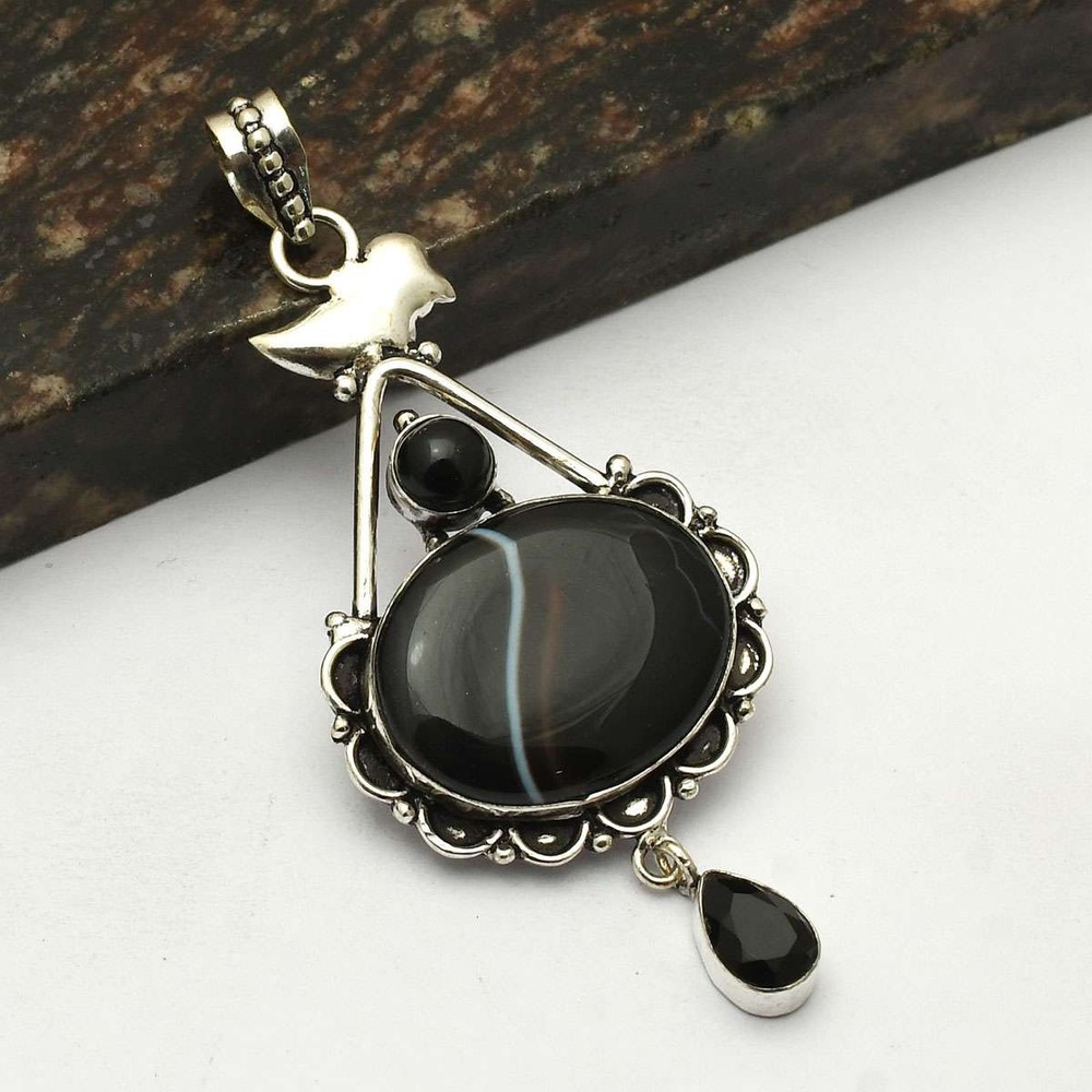 Botswana Agate Black Onyx Gemstone Handmade Pendant Jewelry Gift 3.12 Inches AP 77434 Unique Elegant Design