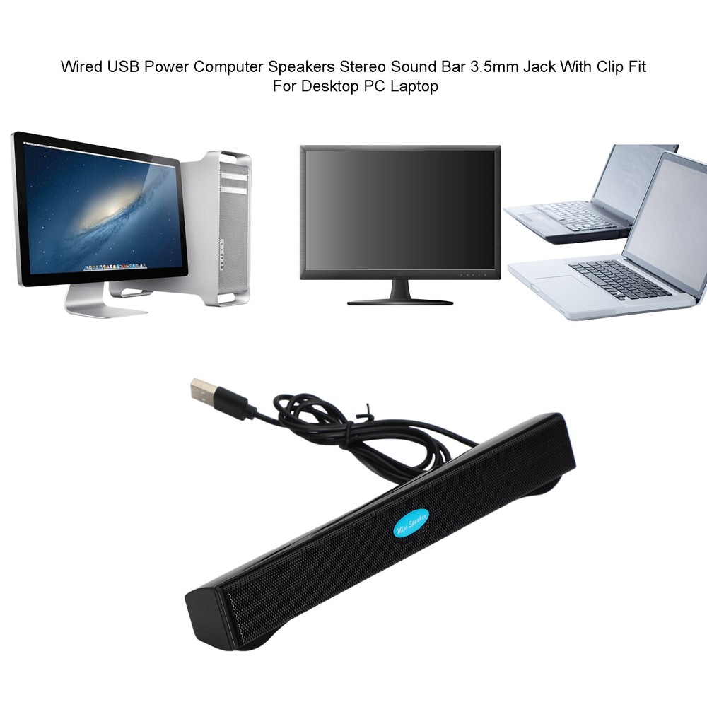 USB Power Computer Speakers Stereo Sound Bar With Clip for Desktop Laptop Black