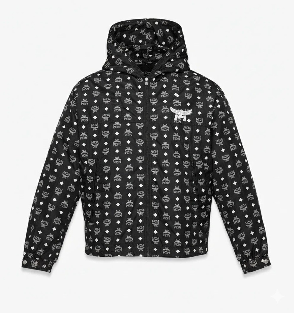 MCM Visetos Monogram Hooded Windbreaker Jacket Black&White Logo Zip Up Designer