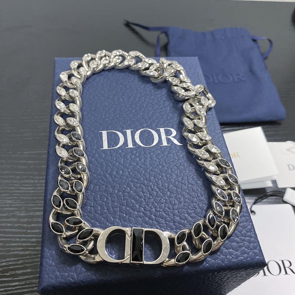 Dior Chain Link Necklace in Brass with Crystal Accents