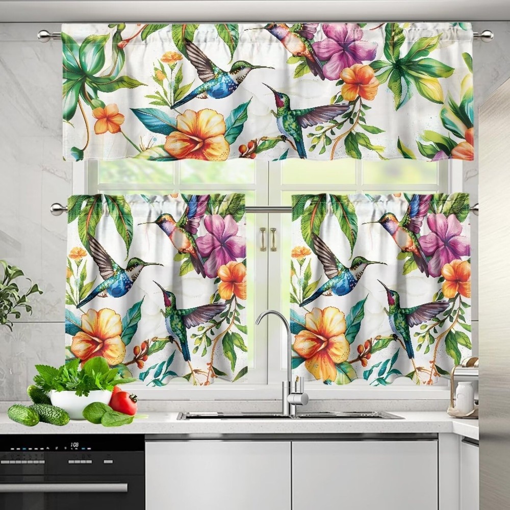 Hummingbird 3 Piece Kitchen Curtains Valance and Tiers Set Rod Pocket Washabl...
