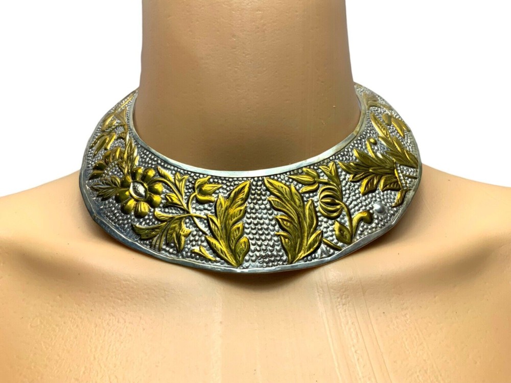 Floral Stamped Choker, Brass, Gold & Silver Toned, 4 Circumference, Vintage