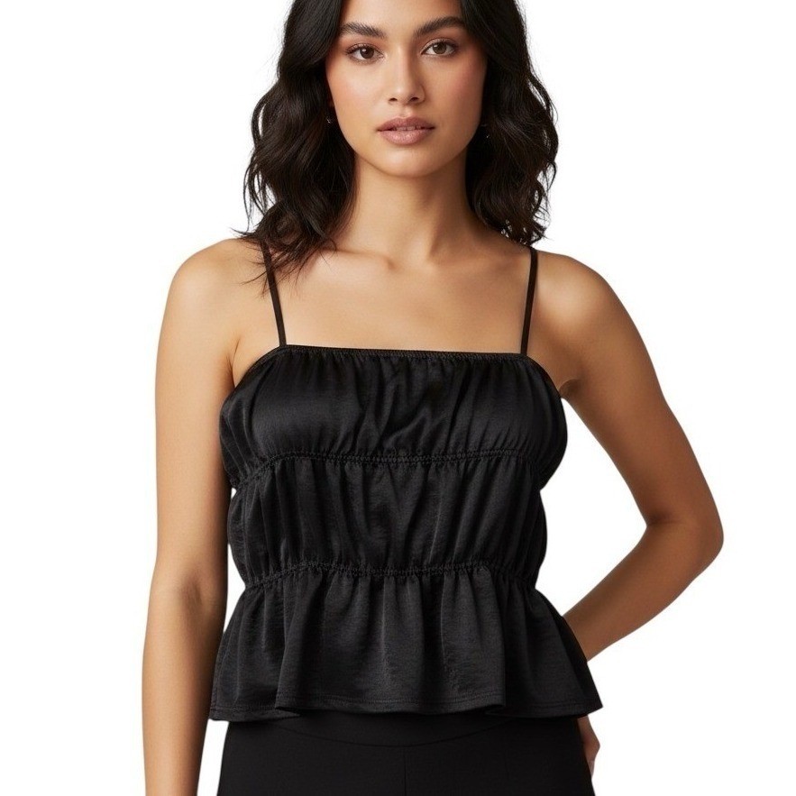 Black Satin Tiered Camisole Y2K Smocked Cropped Tank Coquette Aesthetic Size L