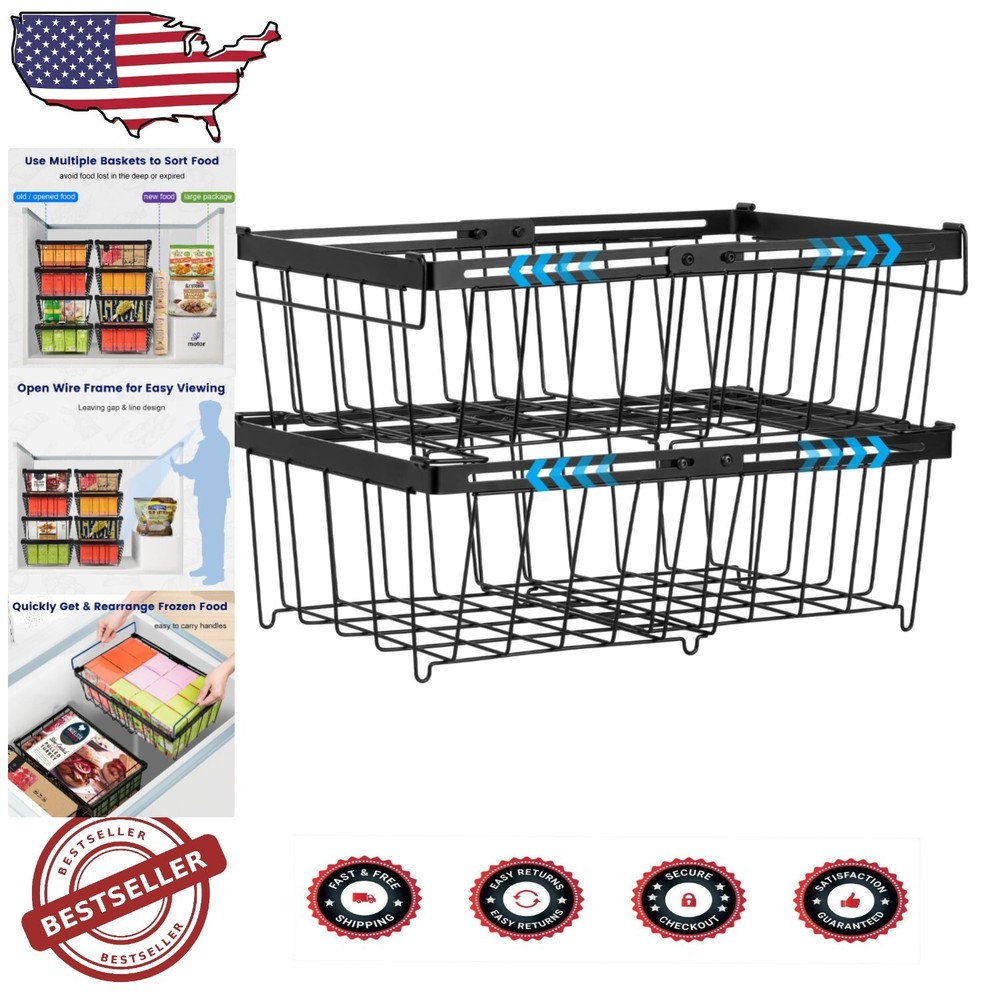 Heavy-Duty Iron Freezer Organizer Bins - Matte Black, Fits 10-20 Cu.FT Models