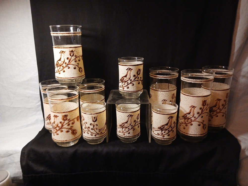 Vintage 1970s Libbey Birds Beverage Glasses Set of 11 3 Large 4 Medium 4 Small