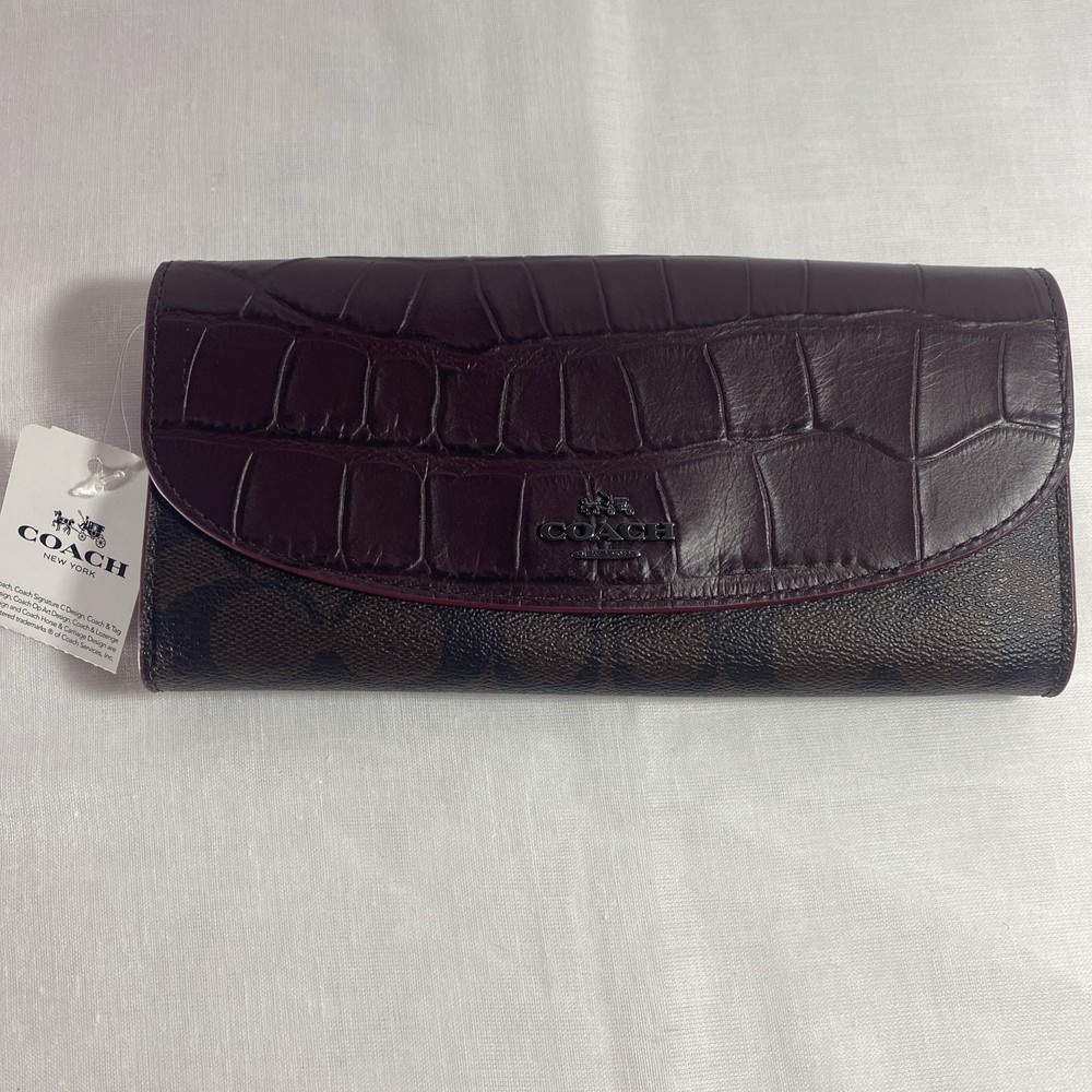 Coach Burgundy Exotic Embossed Slim Envelope Clutch Wallet F24354