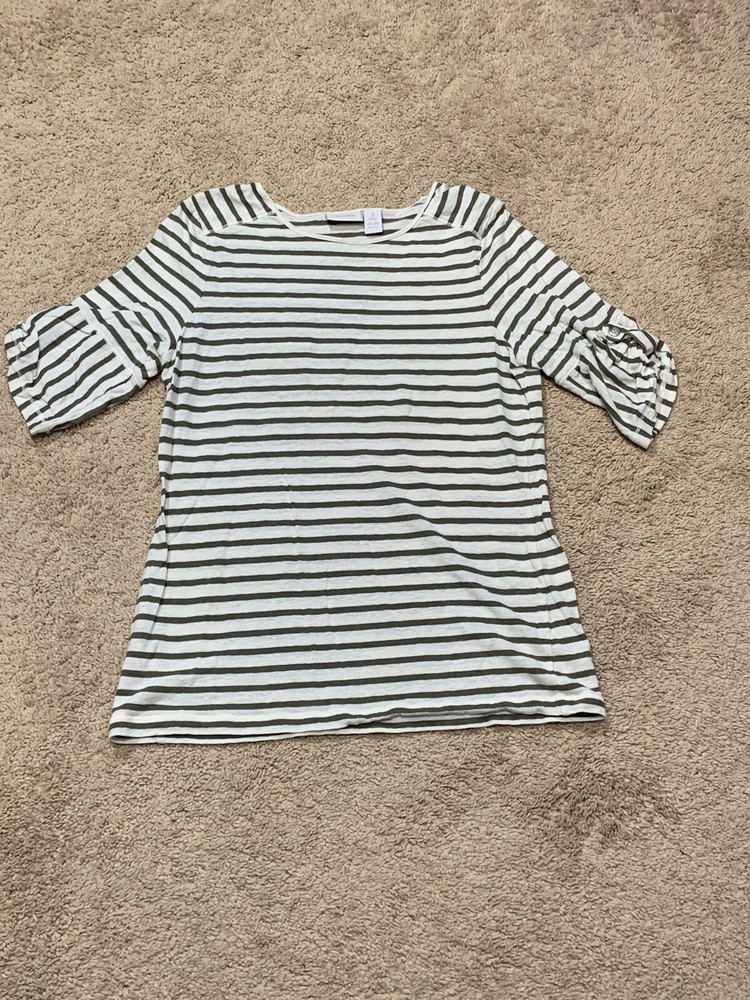 Chico's Womens Shirt Size 1 Cream Green Striped Lightweight Classic Casual