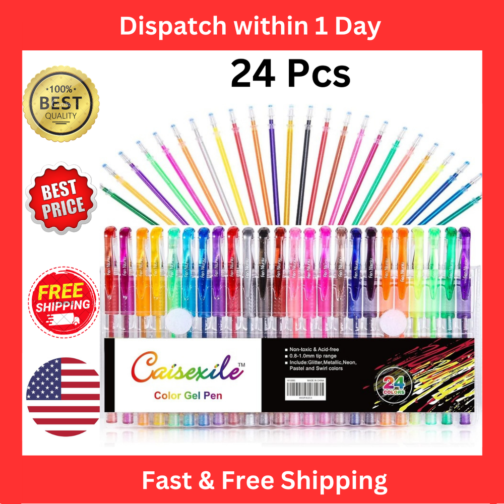 Glitter Gel Pens Set 48 Pack with 24 Colored Gel Pen and 24 Refills, Fine Tip