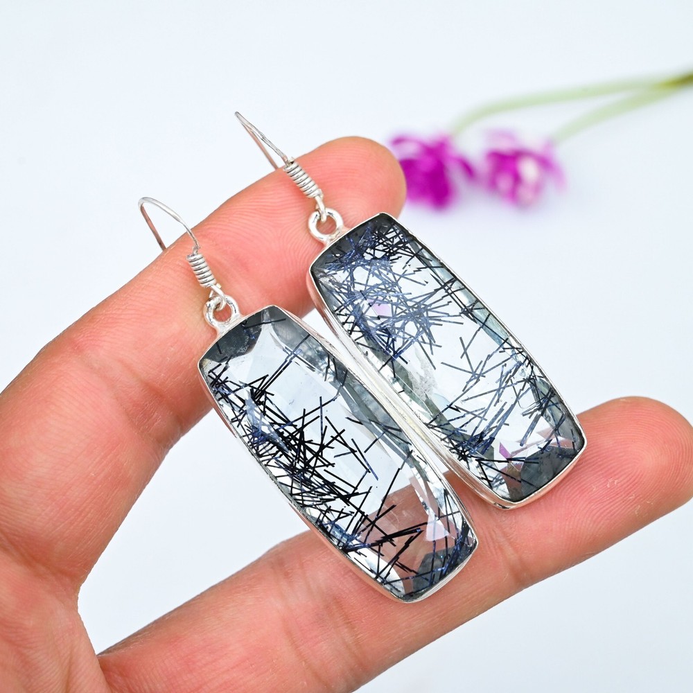 Black Rutilated Quartz Gemstone 925 Sterling Silver Handmade Jewelry Earrings