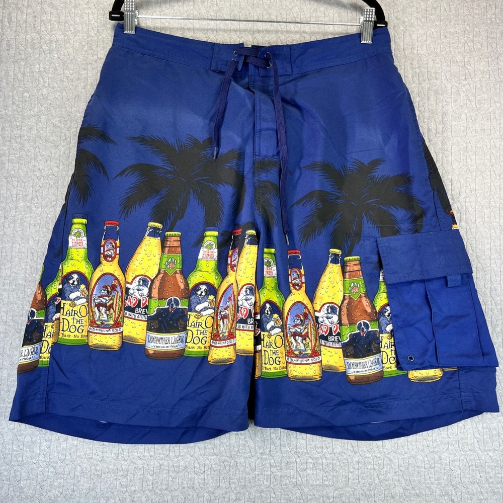 Big Dogs cargo Beer Bottle board shorts Men L Swim Trunks Tropical Print party