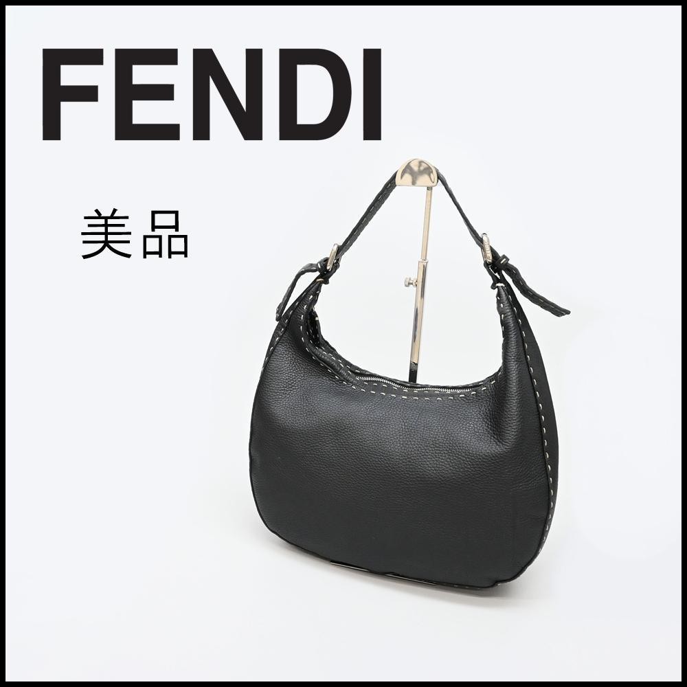 FENDI Selleria Leather Hobo Shoulder Bag Black Silver Made in Italy