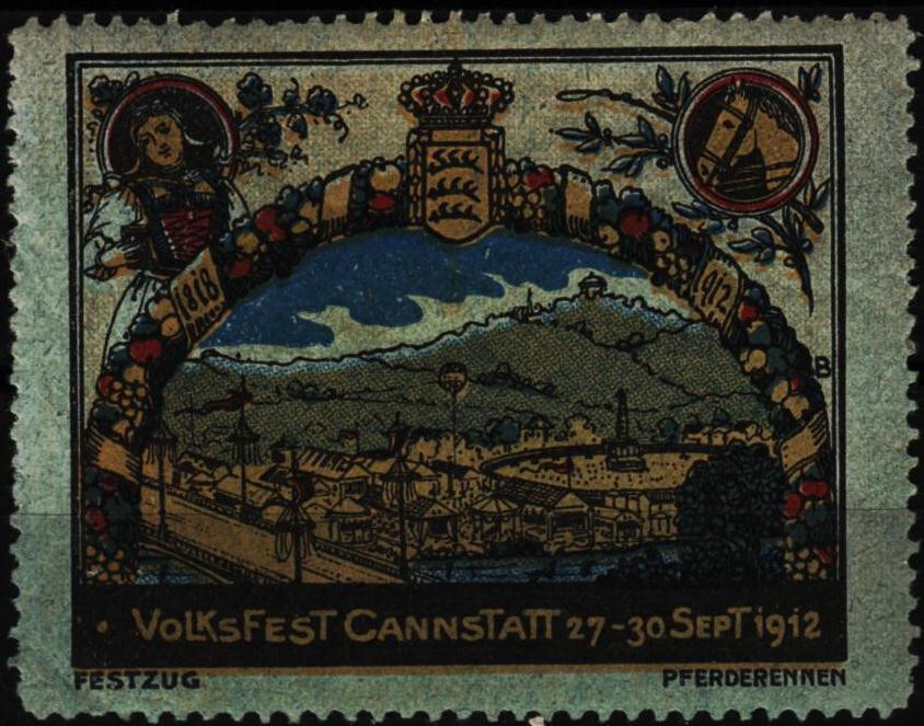 vintage poster stamp 1912 Cannstatt Folk Festival, Stuttgart, Horse race   /0224