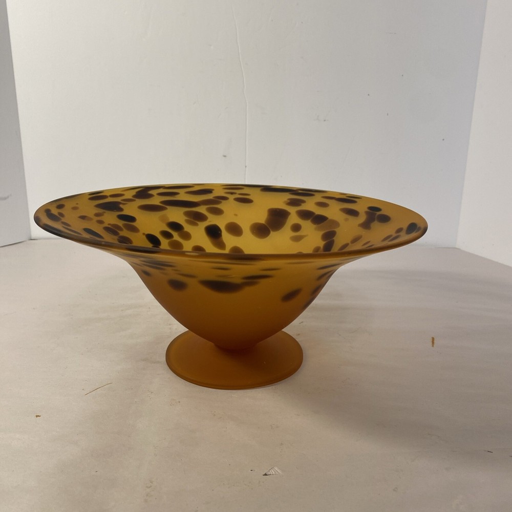 Handblown Frosted Amber & Brown Leopard Spot Pedestal Art Glass Bowl