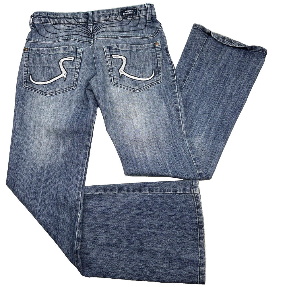 Vintage 00s Y2K Rock & Republic MADRID Med Wash Embroider Flare Jeans 28 29x33