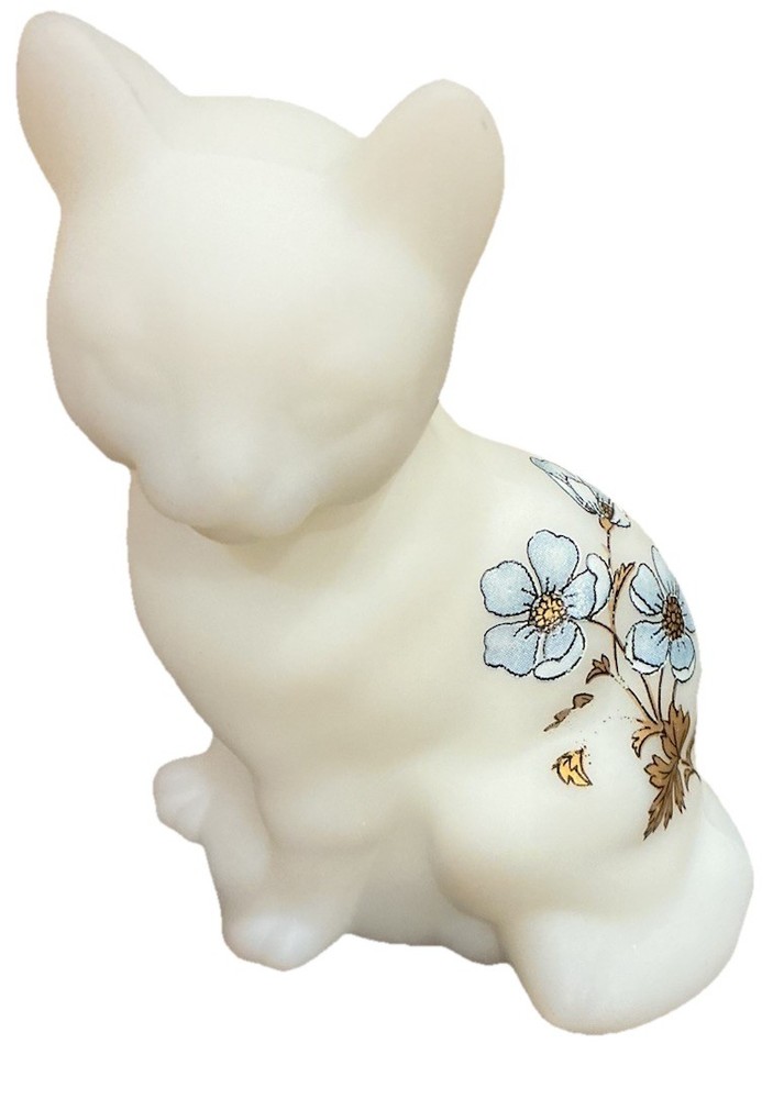 Vtg FENTON Satin Milk Glass Sitting Cat Figurine Hand Painted Blue Flowers 🌸