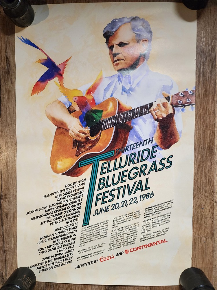 1986 Telluride Bluegrass Festival Original Concert Poster COORS Beer Doc Watson