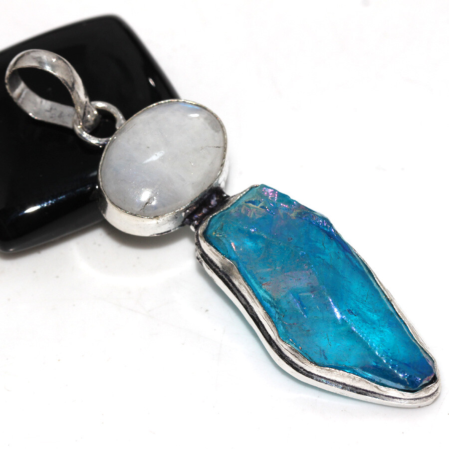 Blue Titanium Aura Quartz Rainbow Moonstone Long Gemstone Pendant 2.5
