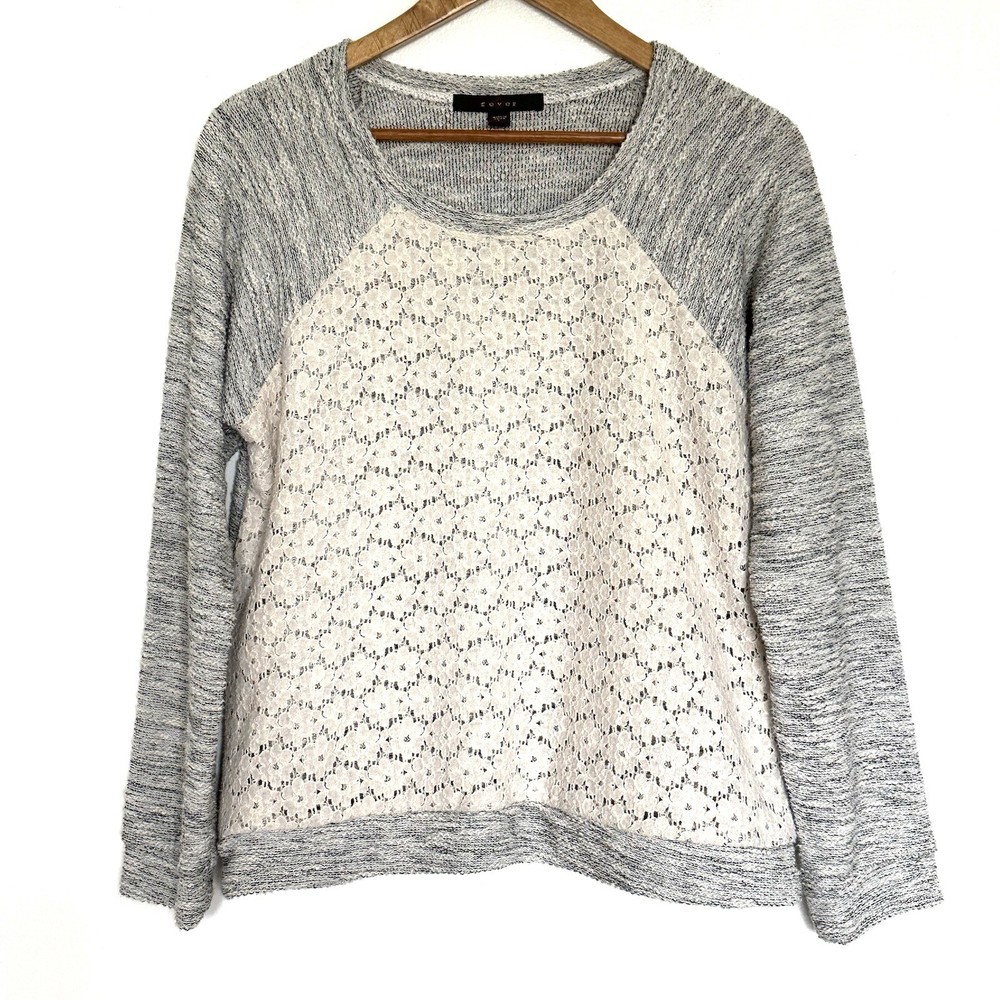 Fever Women’s Sweater Large Grey White Pullover Long Sleeve Crewneck Top