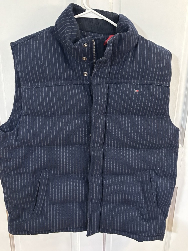 Tommy Hilfiger Men's X-Large Navy Striped Wool Blend Puffer Vest Zip Front