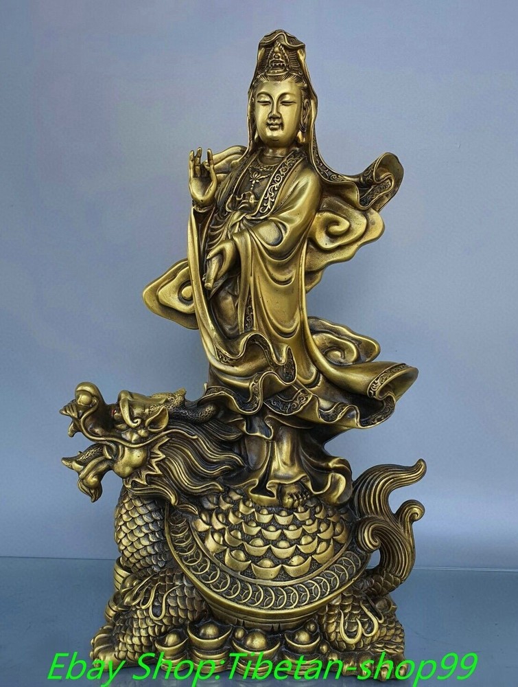 17'' Old Pure Bronze Dragon Tortoise Turtle Kwan-yin GuanYin Goddess Statue