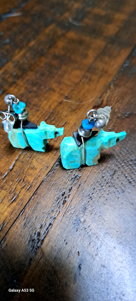 Vintage Native American Turquoise Sterling Silver Bears Earrings Rare Collectible