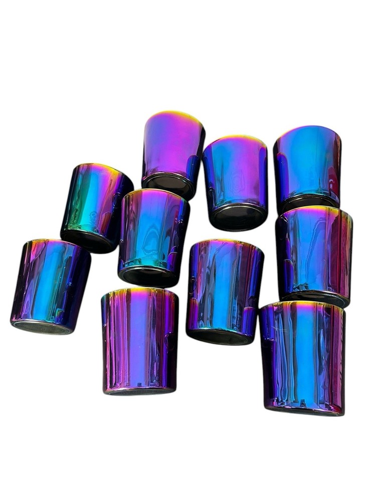 Set of 10 Glasses Or Candle Vases Vtg Carnival Glass Iridescent Oil slick Luster