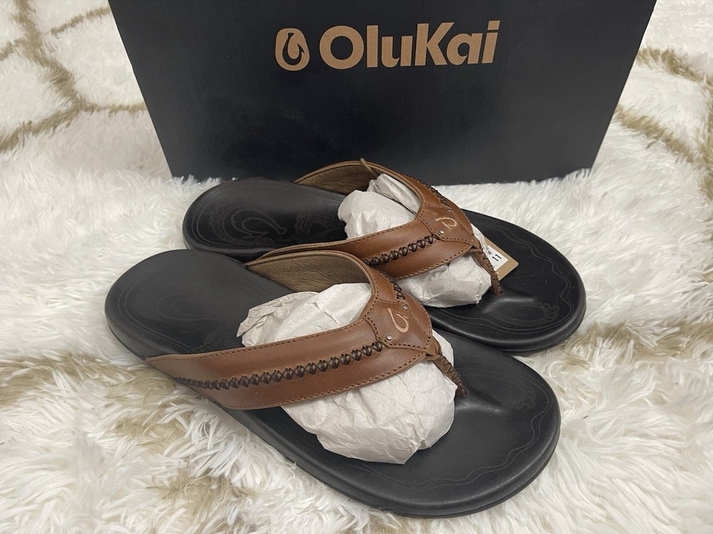 🧡OluKai Men's Size 11 Mea Ola Leather Beach Outdoor Sandals - Tan/Dark Java NIB