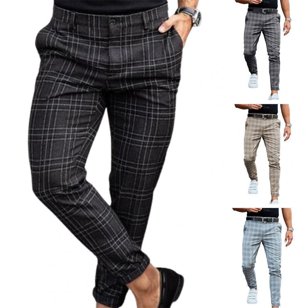 Men's Straight Leg Plaid Cotton Dress Trousers - Casual Smart Check Suit Pants