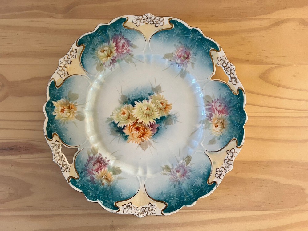 RS Prussia Germany Open Handle Serving Cake Plate Floral Gold