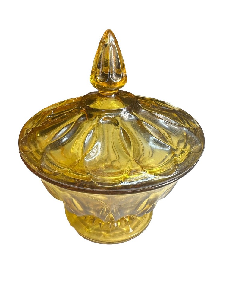 Vintage Anchor Hocking Fairfield Amber Glass Footed Candy Dish with Lid  