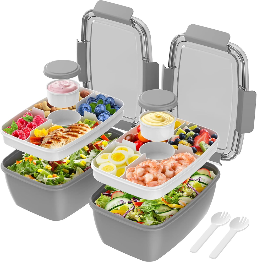 2-Pack 68Oz Leakproof Salad Lunch Containers with 4 Compartments Tray