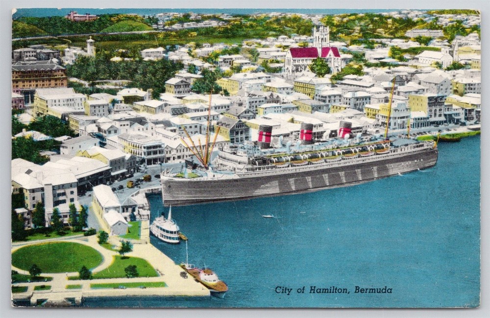 City Of Hamilton Bermuda Birdseye With Cruise Ship At Dock Postcard AK24