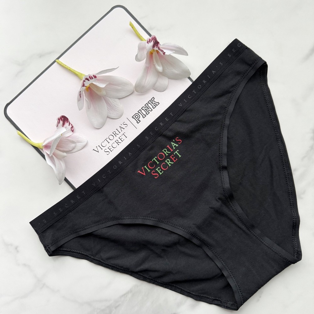 Victoria's Secret Stretch Cotton Smooth Bikini Panty in Black with Festive Logo