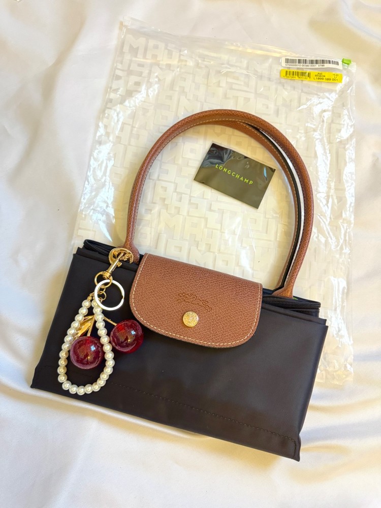 LONGCHAMP Le Pliage Original Tote Large Shoulder Bag Black With Cherry Charm