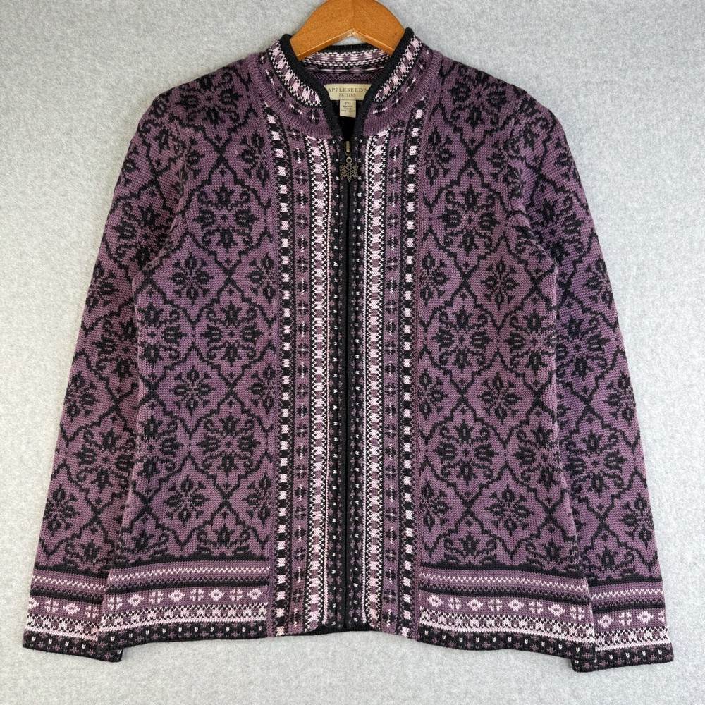 Women's Appleseed's Purple Full Zip Fair Isle Long Sleeve Cardigan Sweater PS