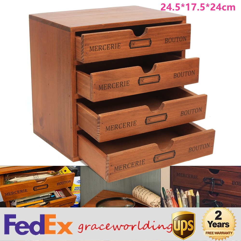 4 Layers Vintage Wooden Storage Box Desktop Jewelry Organizer Wood Drawer Holder