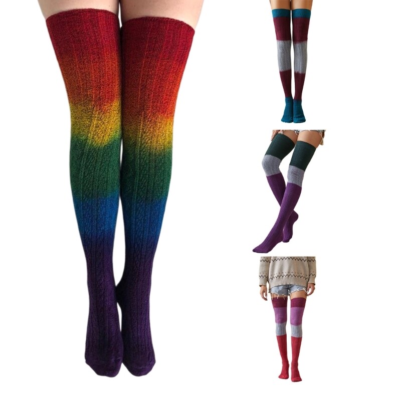 Womens Winter Thigh Leg Warmers Rainbow Tie Dye Cable Knit Over Knee Long Socks