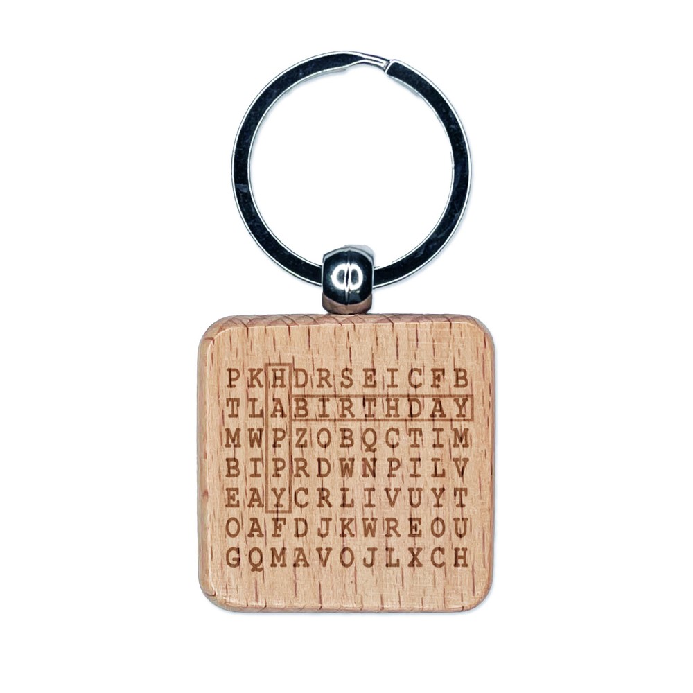 Word Search Birthday Engraved Wood Square Keychain Tag Charm