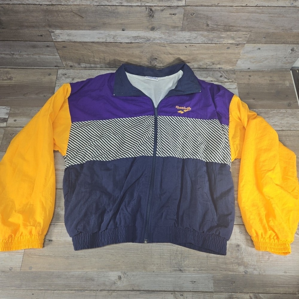 Vintage Mens Large Reebok Windbreaker Y2k Jacket Purple Yellow Blue Striped M