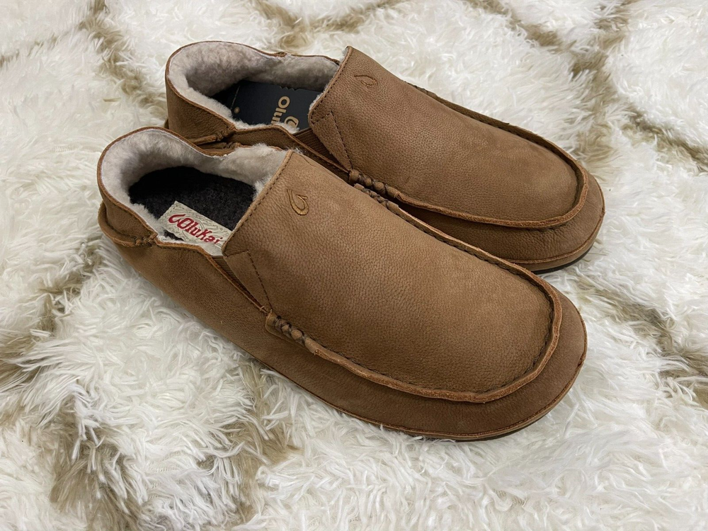 Olukai Moloa Mens Size 11 Kona Coffee Leather Shearling Slippers Convertible
